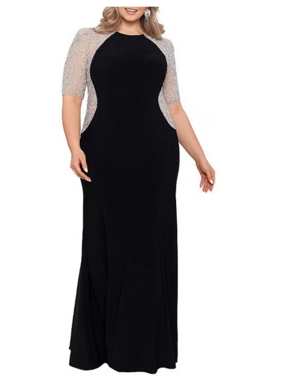 XSCAPE Plus Size Short Sleeve Crew Neck Beaded Gown 14W
